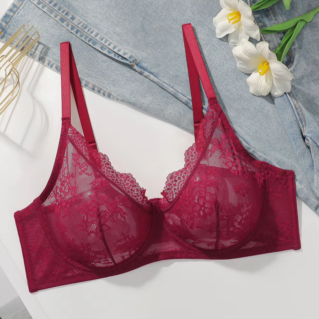 Women Plus Size Red Lace Sheer - Sheer Bra Lace recension och pris